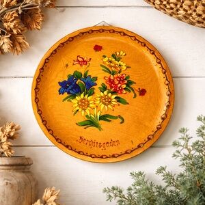 Vintage German Hand Painted Wood Plate Floral Carved Wall Decor Berchtesgaden